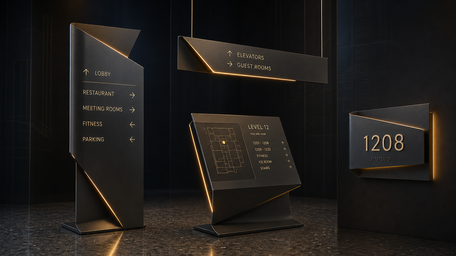 Folded gunmetal wayfinding, suspended sign, directory and room sign collection
